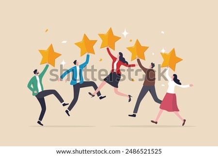 Customer experience, best score rating, client feedback or consumer review, 5 stars rating, like or positive survey, customer satisfaction concept, happy young adult customer holding 5 stars rating.