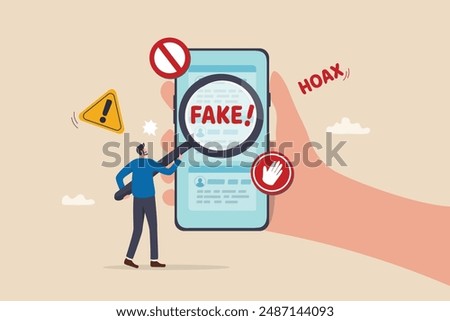 Fake news, false information sharing on social media, hoax or lies censorship, fake website cheating, scam or dishonesty report concept, man magnifying glass on social media as fake news attention.