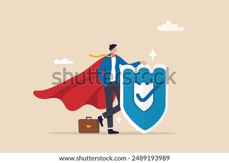 Security safety, protection or shielding insurance, privacy protect, defense from cyber attack, safeguard, guarantee or threats control concept, businessman superhero holding strong protection shield.