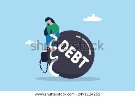 Debt or NPL problem, loan or lending crisis, overspending mistake causing debt burden, recession or bankruptcy, credit default concept, young woman with overdue bill payment chained with debt burden.