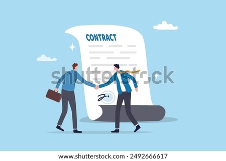 Employment contract agreement, corporate partnership document with signature, new employee signing contract, legal paperwork, recruitment document concept, businessman handshake with contract paper.