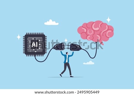 AI machine learning, neural network technology or human to work together with AI artificial intelligence, innovation technology concept, businessman connect human brain with AI chip processing unit.