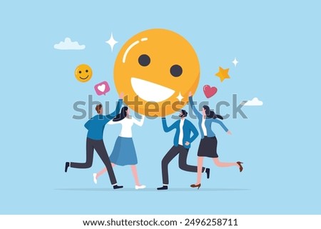 Employee satisfaction, workplace happiness or success team motivation, employee engagement or participation, feedback or company survey rating concept, business people employee with smile happy face.