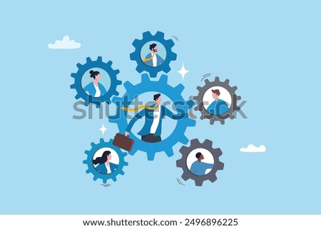 Roles and responsibilities, teamwork or resource management, work delegation, role definition or supervision, job position or organization concept, business man on gear cogwheels work with employees.