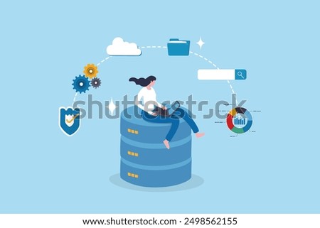 Database system, data network management, security or search, cloud computing technology or file document archive, database administration concept, woman working with computer laptop on database.