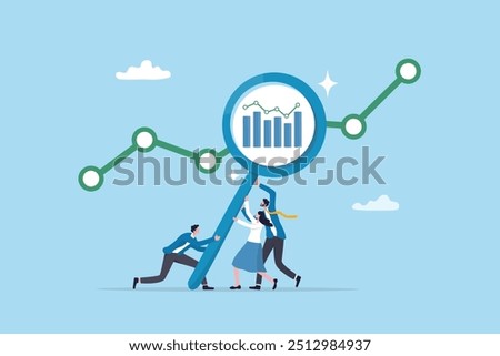 Data analysis, optimization or marketing analytics for statistics improvement, growth or KPI measurement result, chart or diagram concept, business people hold magnifying glass analyzing data chart.