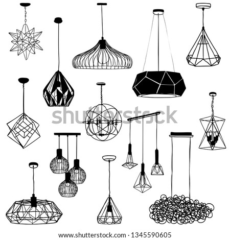 Set  a hanging chandelier in the loft ,sketch by hand  with contour lines. Vector illustration