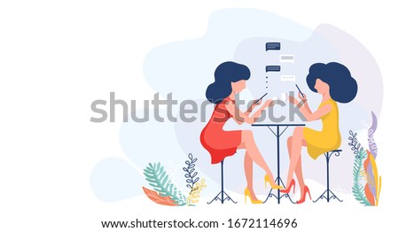 Vector illustration of two women drinking coffee, girlfriends texting in smartphone, flat design