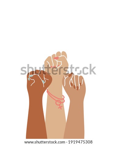 Drawing of three fists. Women's hands as symbol of power and protest. Flat vector illustration.