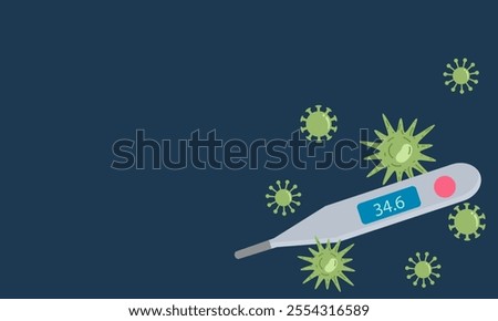 Illustration of a digital thermometer reading 34.6°C surrounded by virus particles, symbolizing health monitoring and infection control.