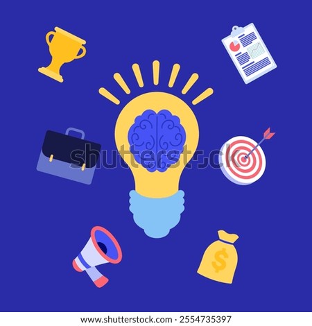 Conceptual illustration featuring a light bulb with a brain, clipboard, target, trophy, briefcase, megaphone, and money bag, symbolizing innovation and success.