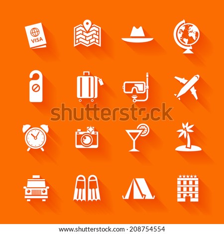 Set of white travel icons. Vector travel icons in flat simple style. 