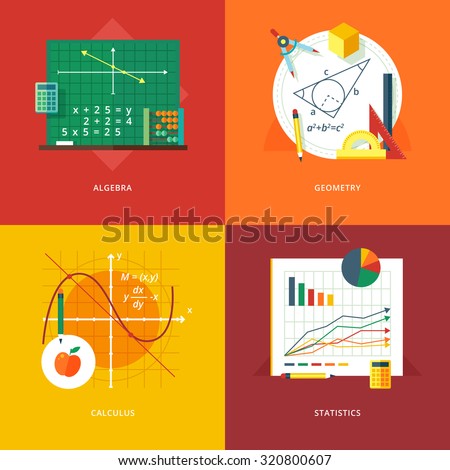 Set of flat design illustration concepts for algebra, geometry, calculus, statistics.  Education and knowledge ideas. Mathematic science.  Concepts for web banner and promotional material. 