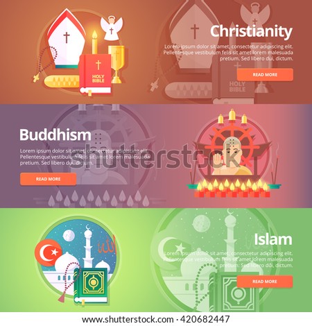 Christianity. Buddhism. Islam. Religion and confessions banners set. Vector design concept.