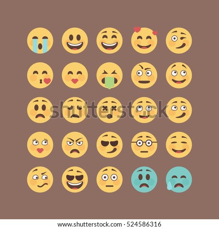 Set of flat solid color emoticons, emoji isolated on brown background, vector illustration.