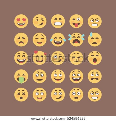 Set of flat solid color emoticons, emoji isolated on brown background, vector illustration.