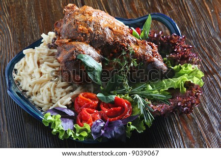 Fired mutton meat with vegetable and noodle
