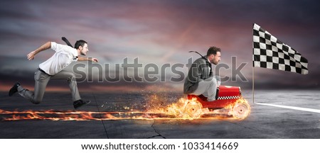 Fast businessman with a car wins against the competitors. Concept of success and competition Stockfoto © 