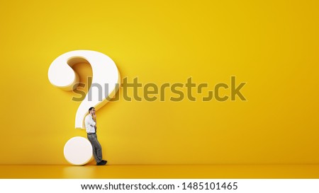 Man leaning on a big white question mark on a yellow background. 3D Rendering Сток-фото © 