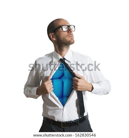 Businessman acting like a superman with blue torso