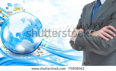 Business banner with world and businessman
