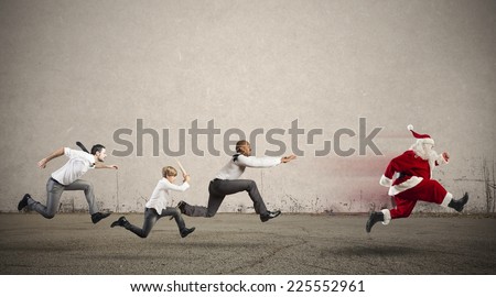 Group of runner angry person chasing Santa Claus