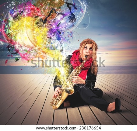 Girl saxophonist with colorful sound effect