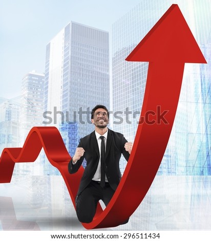 Businessman exults over a red uphill arrow