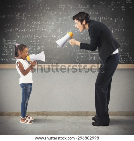 Child and teacher screaming at the megaphone