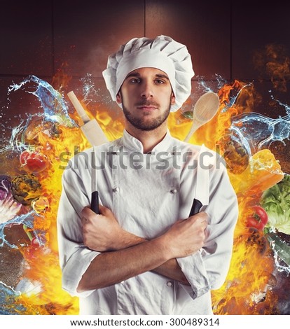 Chef with knives between water and fire