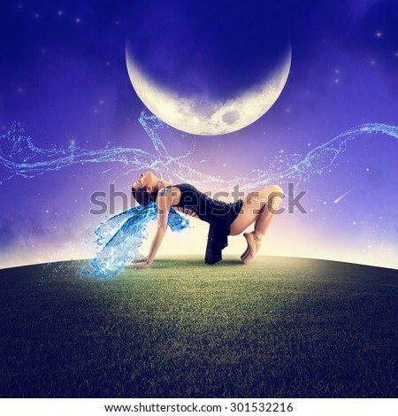 Dancer with wings dancing under the moon