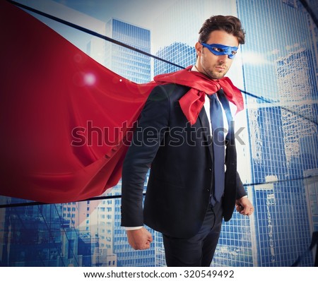 Businessman with mask and mantle of hero