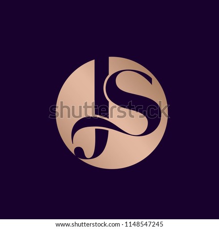 Letter J and letter S logo.js monogram icon in a circular shape.Rose gold metallic color lettering isolated on dark background.