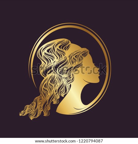 Beautiful woman portrait with elegant curly hairstyle in metallic gold color.Greek goddess cameo illustration.Beauty, style and hair salon logo isolated on dark background.