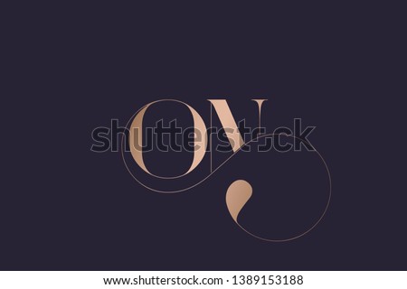 ON logo monogram.Typographic icon with letter o and letter n. Serif lettering and decorative swirl. Alphabet initials sign in rose gold metallic color isolated on dark background.Modern, luxury style. Foto stock © 