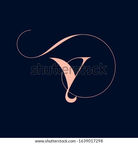 Letter Y logo with decorative swirl  element.Ornamental calligraphy lettering sign.Rose color alphabet initial icon isolated on dark background.Elegant,organic,luxury,beauty style character shape.