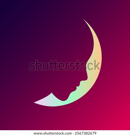 Moon logo and portrait icon isolated on dark background. Spiritual, abstract concept, character illustration. Shiny light on night sky. Elegant design for beauty and spa brand.