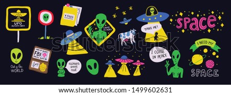 Cute cosmos stickers set concept. Set on a space theme with aliens, ufo, area 51 sign, planets - moon, saturn, stars, x files, i need my space. Vector illustration isolated on black background -Vector