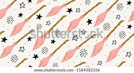 Witch seamless pattern. Elements for witches at school of magic in doodle style on dark background - pink flying broom, stars, polka dots for girls. Minimalistic halloween pattern on white background