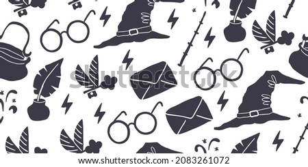 Outline black white seamless pattern with elements magic school: magical hat, feather with ink, round eye glasses, letter, magic wand, flash, flying key. Kids monochrome pattern, magical design