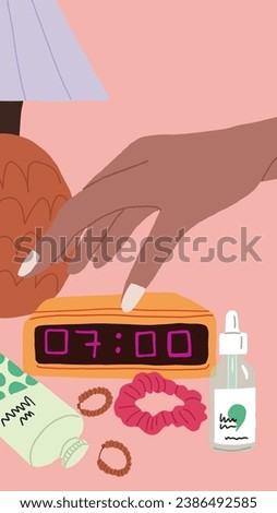 Morning wake up illustration. Woman hand turning off the alarm clock standing on bedside table with fashion accessories