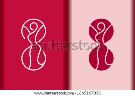 International Women's Day logo minimal design element.Creative 8 March symbol concept with stylish pink.Beauty relaxation and health body line woman silhouette for Spa,fashion,wellness icon vector.