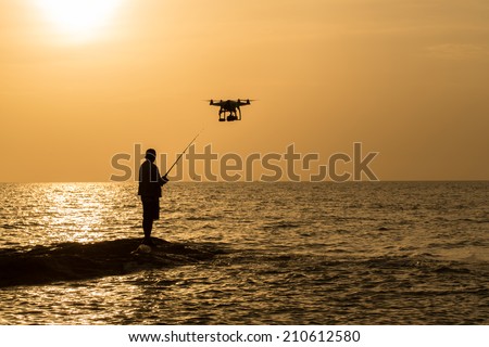 aircraft & Fishing man ,Fishing on the rocks ,Fishing on the rocky beach