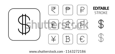 Money symbols. Money cash, banking and finance icon set. Simple outline web icons. Editable stroke. Vector illustration. 