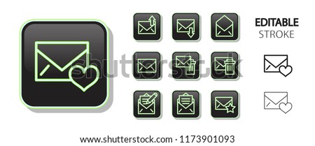 Message buttons. Post letter, envelope, mail, email. Neon icon set. Glossy web application icons. Editable stroke. Vector illustration. 