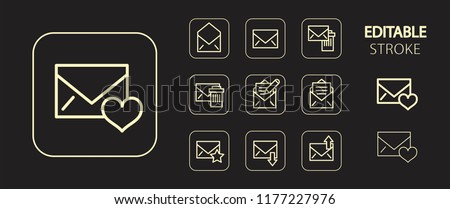 Mail, envelope, post letter, message, email. Golden icon set. Simple outline web application icons. Editable stroke. Vector illustration. 