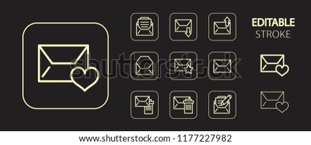 Envelope, post letter, message, mail, email. Golden icon set. Simple outline web app icons. Editable stroke. Vector illustration. 