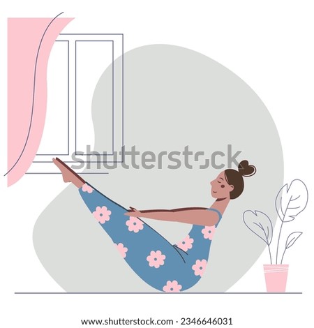 Cute cartoon young woman doing yoga at home. Nice girl in overalls in boat asana.