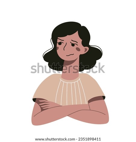 Cartoon sceptic girl. Portrait of sad young woman isolated on a white background.