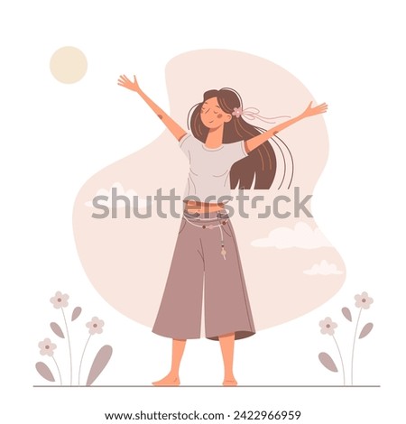 Happy beautiful young woman enjoys life. Vector summer illustration in a flat style. Cute barefoot girl with a long hair. Nice joyful lady.